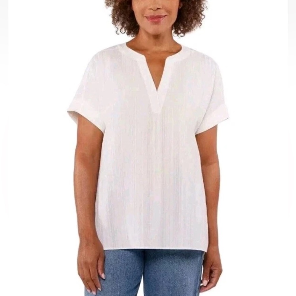 Matty M textured White Split Neck Blouse